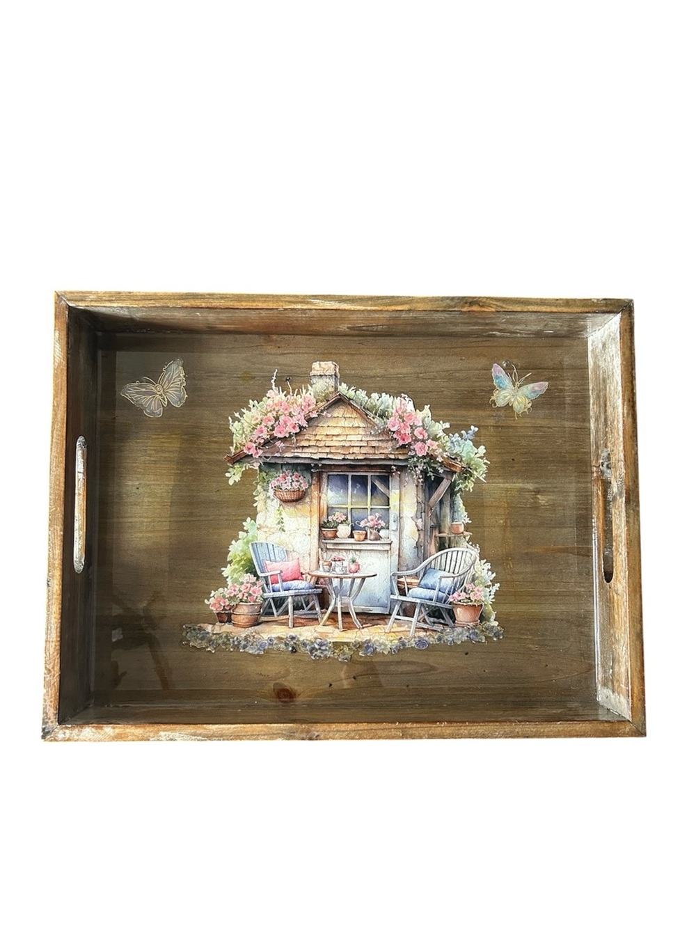 Handcrafted Vintage Look Shiny Resin Cottage Wooden Tray Shabby Chic Cottagecore